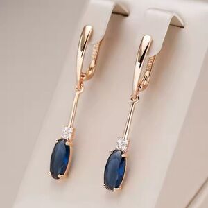 Shiny Oval Blue Natural Zircon Long Dangle Earrings for Women